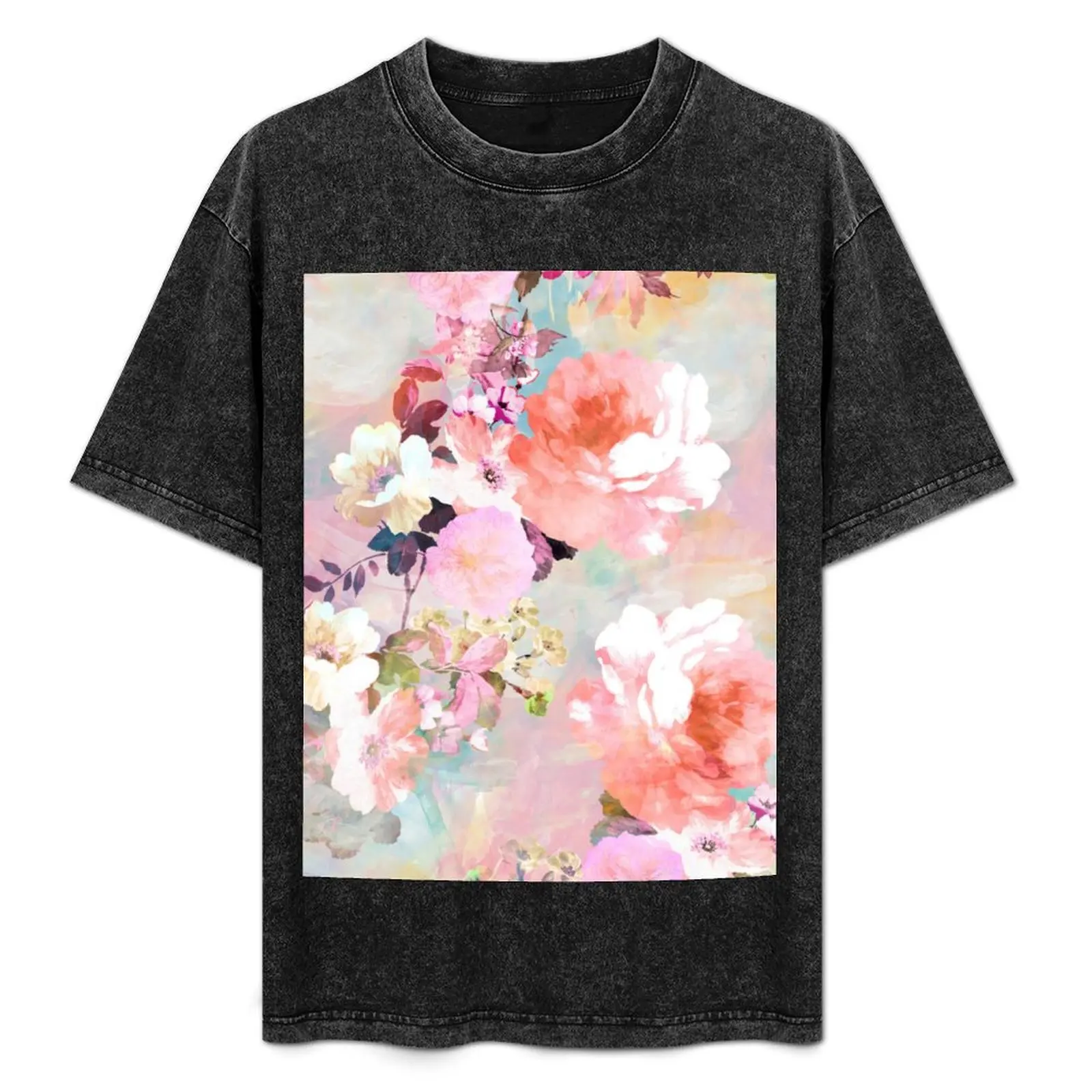 

Romantic Pink Teal Watercolor Chic Floral Pattern T-Shirt Fashion Print Casual Short Sleeve