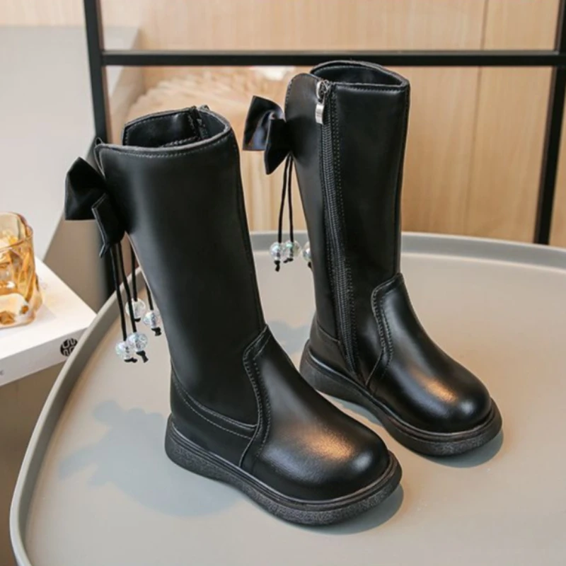 

2026 Autumn Winter Girls Princess Bow Long Boots Fashion Fleece Lined Winter Knee High Boots for Children