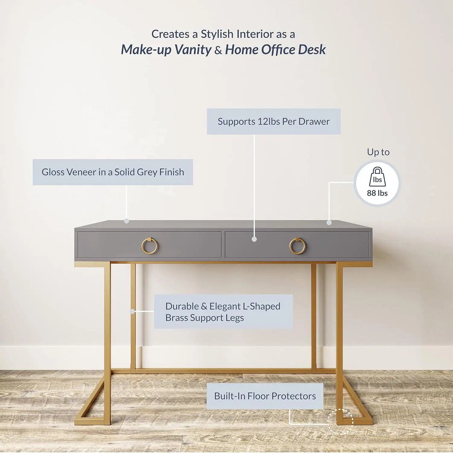 

Modern 45 Inch Makeup Vanity Dressing Table or Home Office Computer Laptop Writing Desk with Two Storage Drawers, Wood Top