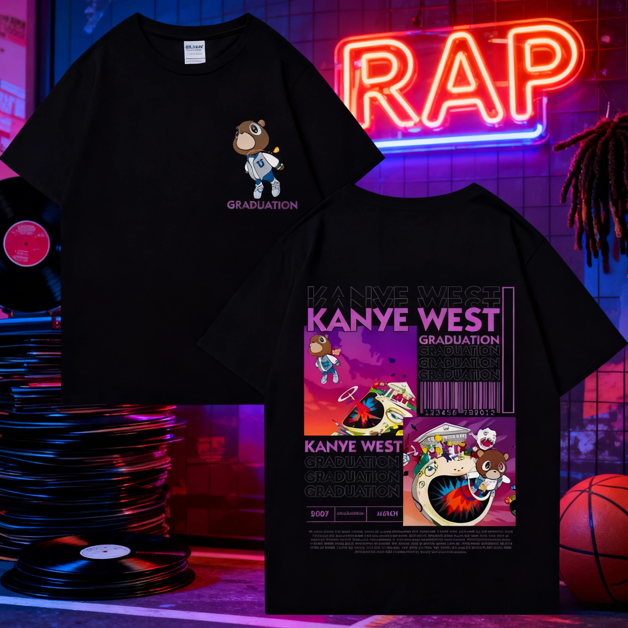 

2025 Summer Kanye West Graduation Bear Men's Double-sided T-shirt, Casual and Fashionable Hip-hop Pure Cotton Top, Short Sleeve