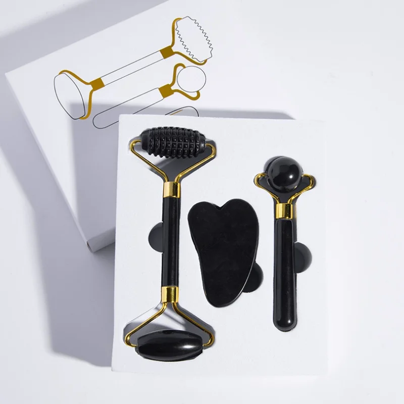 Black Spiky Jade Roller & Gua Sha Board 3 in 1 Set Natural Stone Face Massage Anti-Aging Skincare Tool