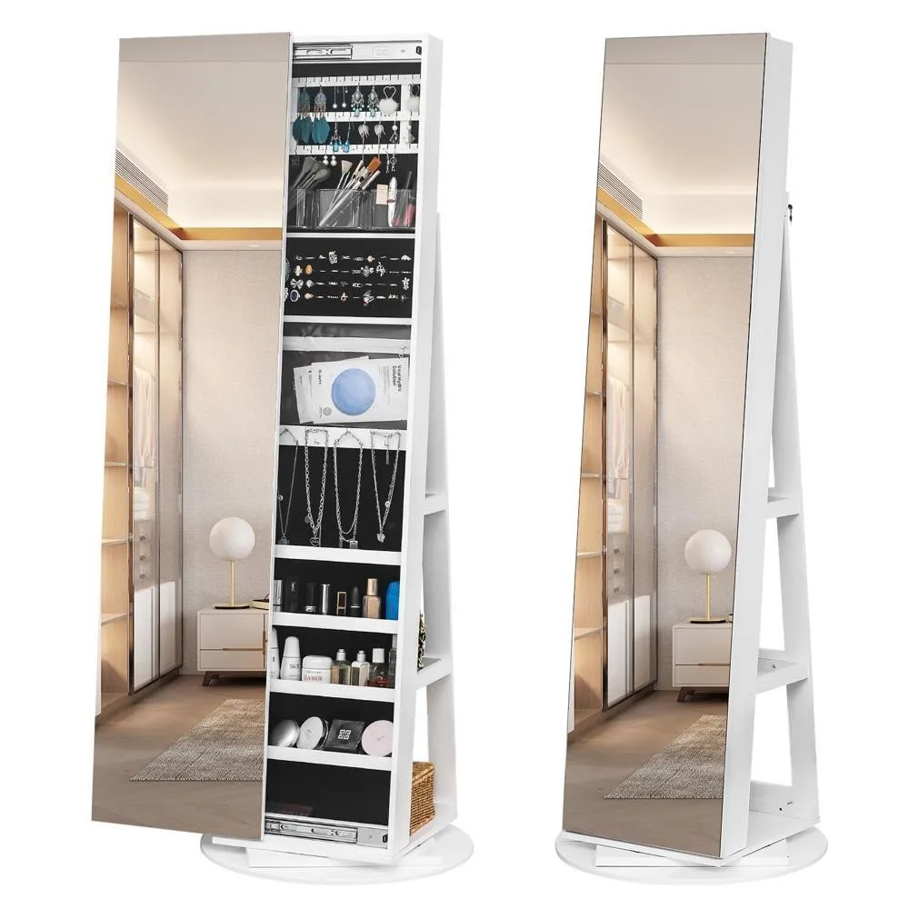 

360° Swivel Jewelry Organizer with Full-Length Mirror, Rear Storage Shelves