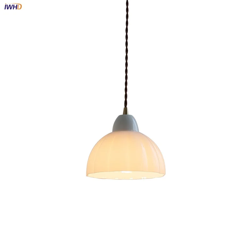 

IWHD Home Decor LED Pendant Light Fixtures Cafe Bedroom Study Nordic Modern Simple Ceramic Socket White Glass Hang Lamp Lampara