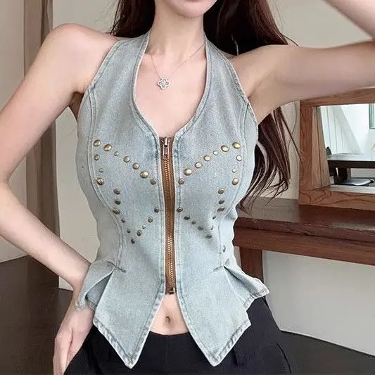 

Sleeveless sexy design irregular American retro denim hanging collar vest for summer 2025 new women's clothing