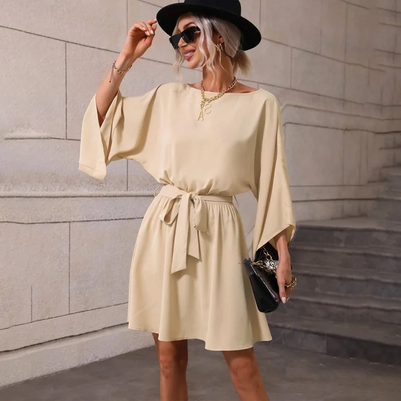

YQ1-Women's Hot Sale New Round Neck Pullover Elastic Waist Short Dress Elegant Long Sleeve Dress