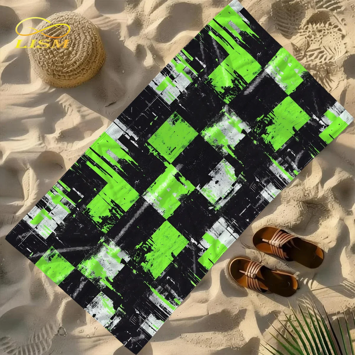 

LISM 1pc Green and Black Plaid Towel-Oversized, Absorbent Microfiber, Quick Dry, Ideal for Travel, Swimming, Surfing Bath Towel