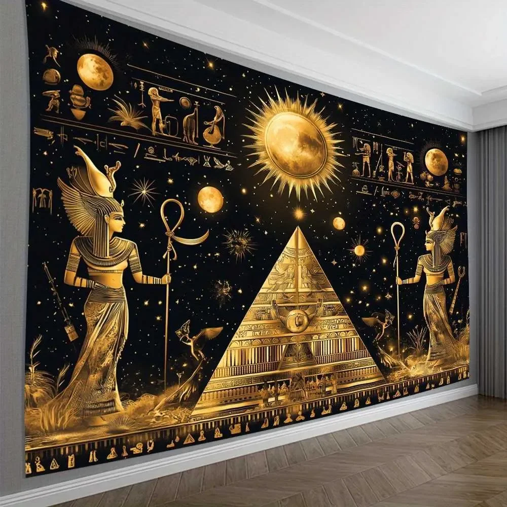VIKAMA Vintage Egyptian Pyramid Tapestry Calligraphy Art Retro Desert Sunset Scene Wall Hanging Perfect for Living Rooms Z260813