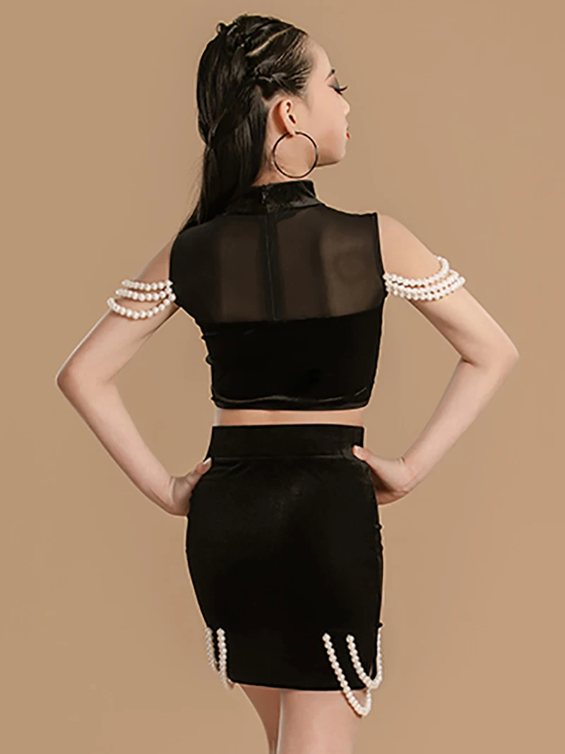 أطفال بنات اللاتينية ملابس رقص لؤلؤة شبكة الظهر زيبر الأعلى والتنانير قطعتين الدعاوى الأطفال قاعة الرقص مجموعة التدريب