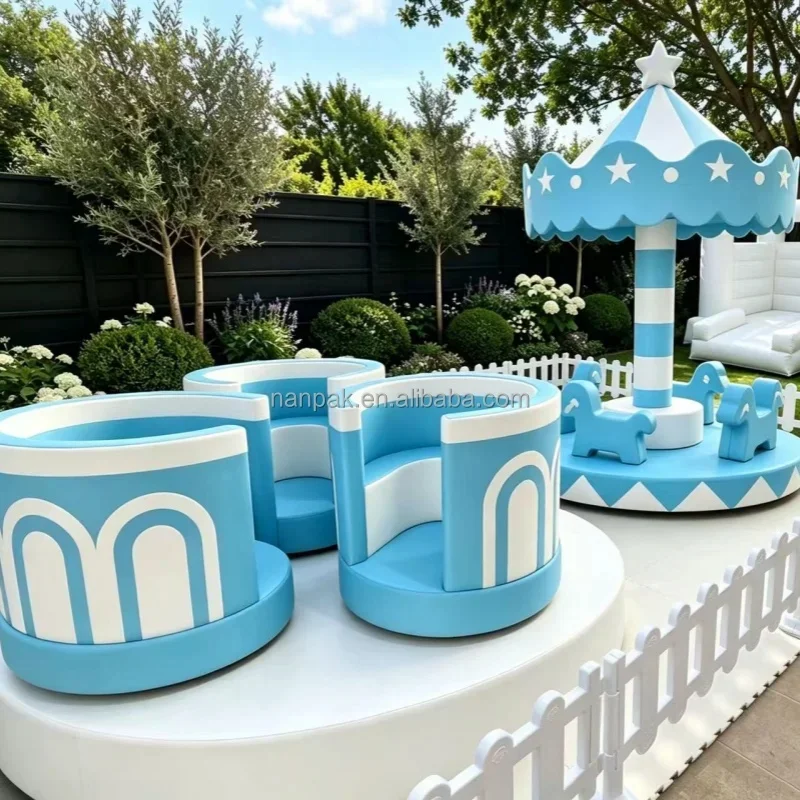 Soft Play Merry Go Round Carousel, Blue & White Rotating Kids Play Equipment for Daycare, Preschool, Birthday Party Rental