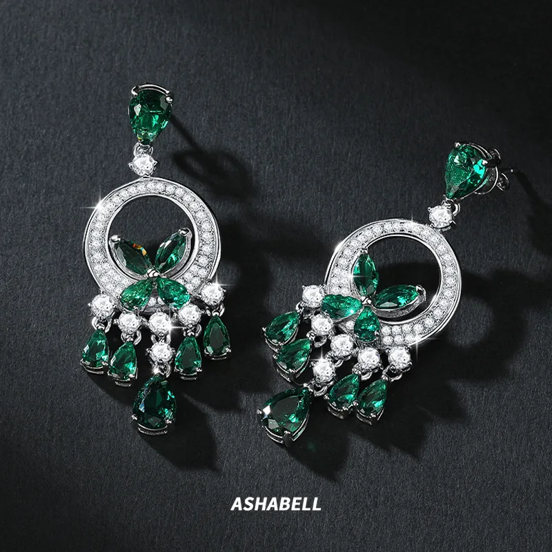 Luxury 18K white Solid Platinum PT950 exaggerated green butterfly flash diamond tassel earrings earrings evening earrings