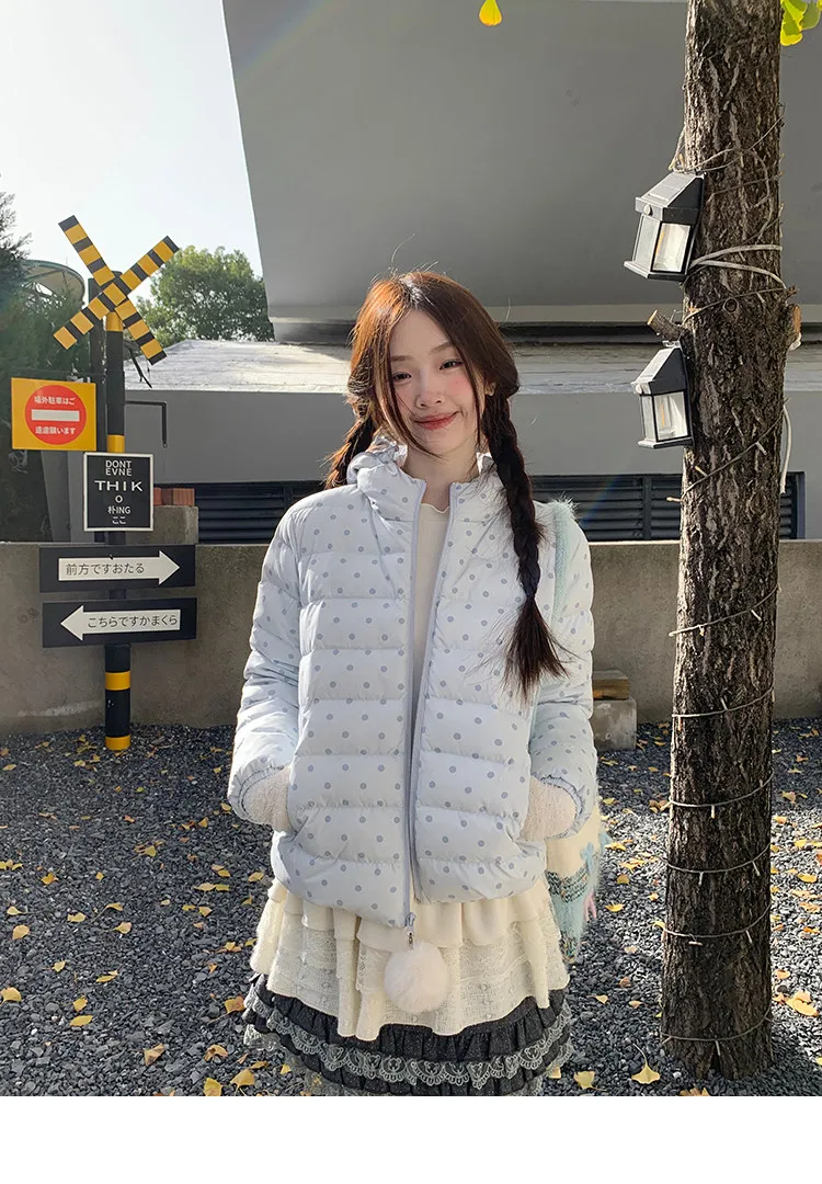 Korean Cropped Polka Dot Hooded Cotton-padded Jacket Women Zip Up Casual Winter Warm Outerwear Woman Sweet Cute Puffer Jackets
