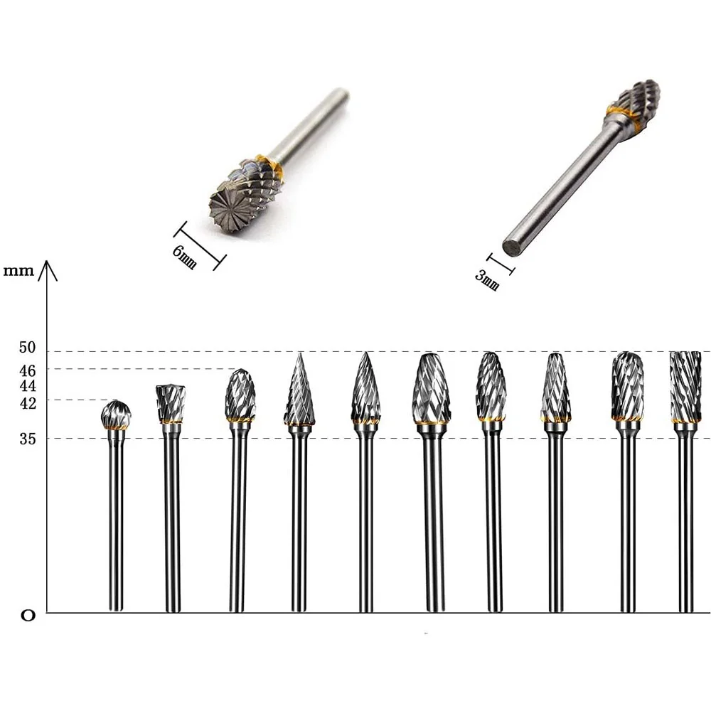 Tungsten Steel Milling Cutter, Burr Diamond Cut, Ferramentas Rotativas Dremel, Ferramenta Rotativa de Moagem Elétrica, 3mm Shank, 10 Pcs