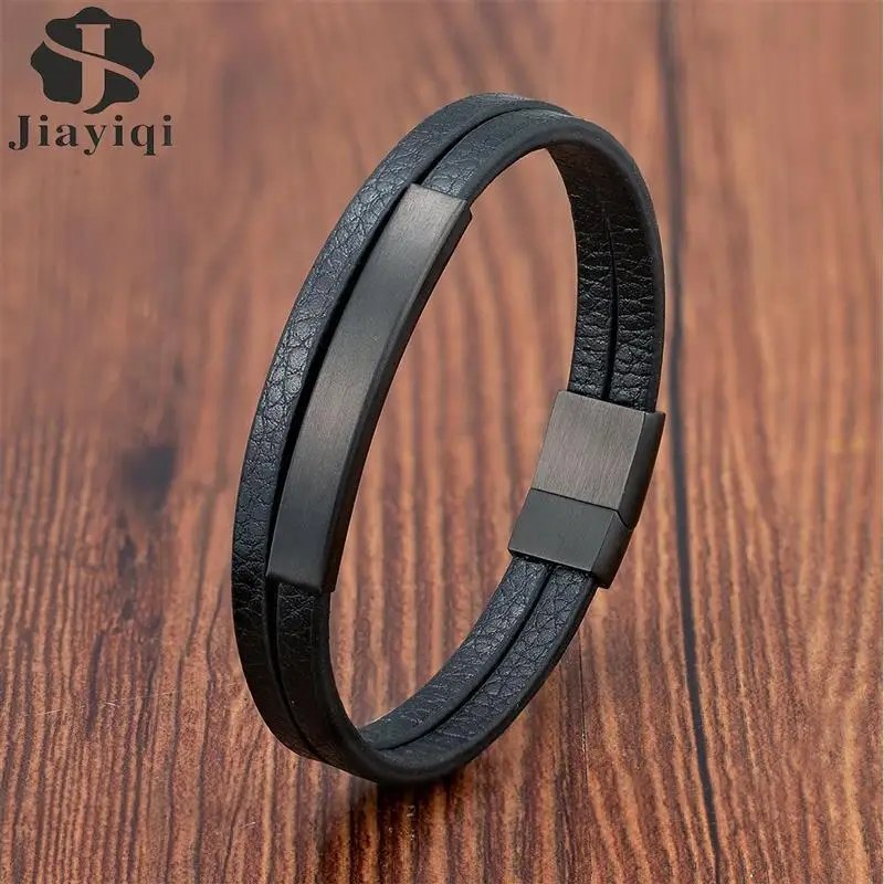 

Jiayiqi Men's Black Genuine Leather Bracelet Classic Stainless Steel Insert Double-layer Braid Bangles For Men Wholesale Custom