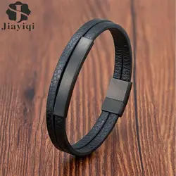 Jiayiqi Men's Black Genuine Leather Bracelet Classic Stainless Steel Insert Double-layer Braid Bangles For Men Wholesale Custom