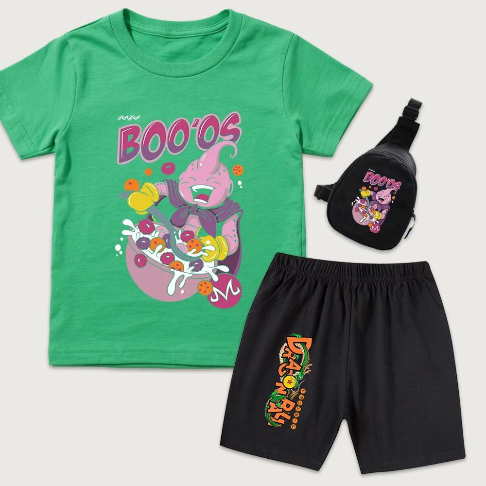 Dbz Majin Boo Anime Print Kids Cotton T Shirt Shorts Set with Mini Chest Pack 3 Pieces Casual Outfit for Boys Girls Clothes