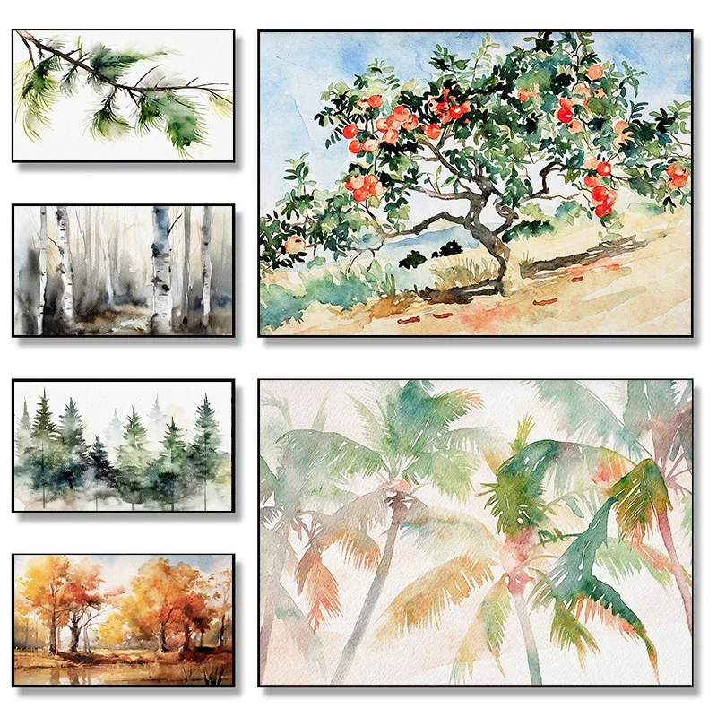 Watercolor Pomegranate Pine Palm Evergreen Tree Eucalyptus Grove Poster Canvas Painting Wall Art  Picture for Room Home Decor