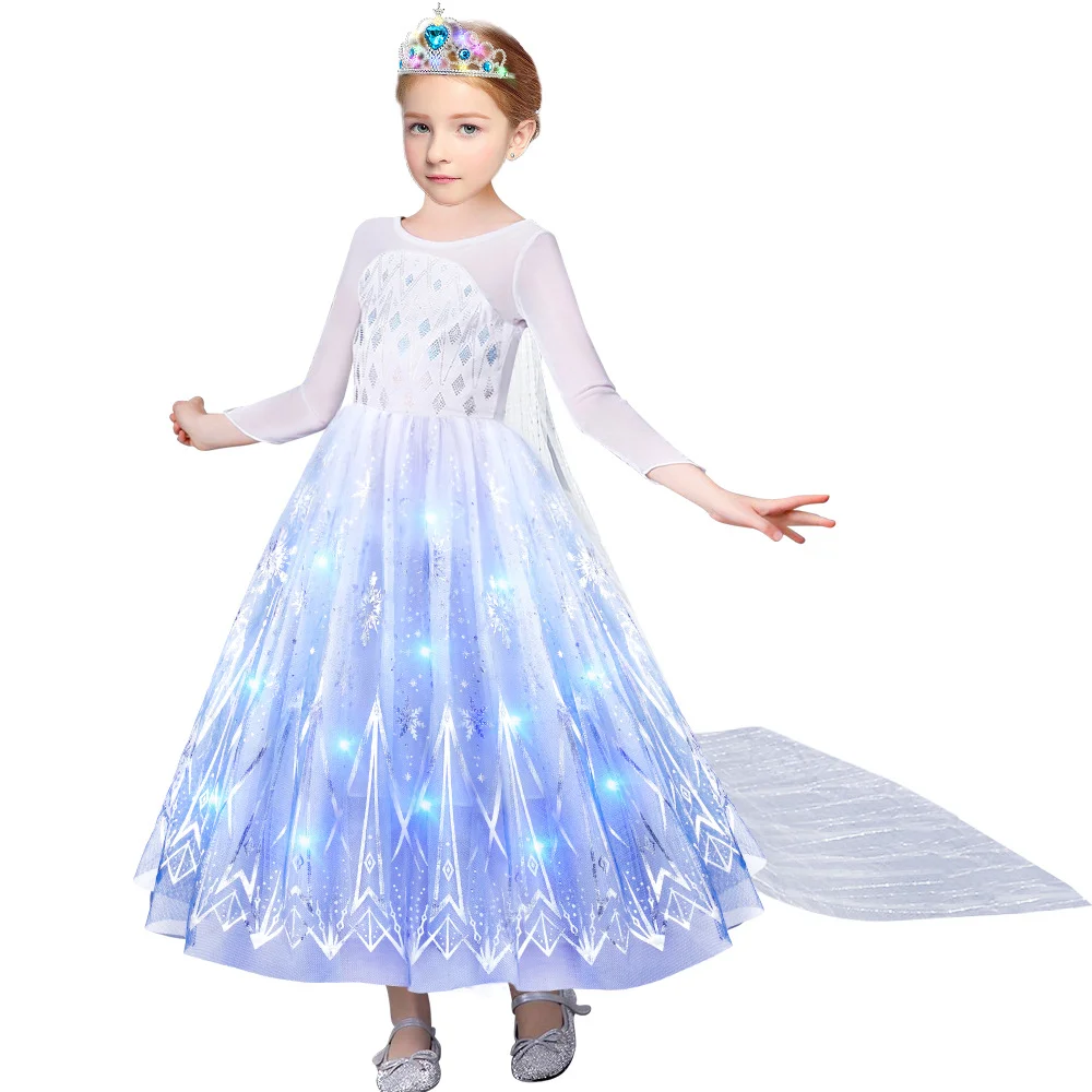 2024 Halloween Karneval Gefrorenes kleines Mädchen Prinzessin Klassische Kleidung Fantasy Cosplay Weißes Kleid Elsa LED-Streifen Kleidungsstück Kostüm