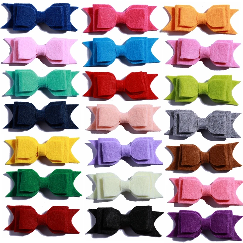 120PCS 9.2CM Hot Sale Layer Non-Woven Felt Hair Bows With Clips For Hair accessories Boutique Fabric Bow for Kids Headbands