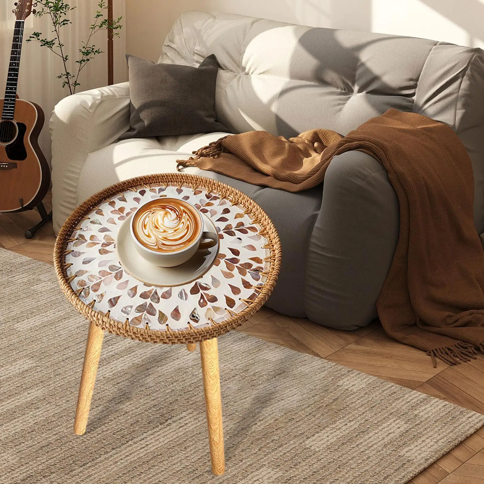 Stylish Rattan Side Table with Exquisite Shell Details for Outdoor