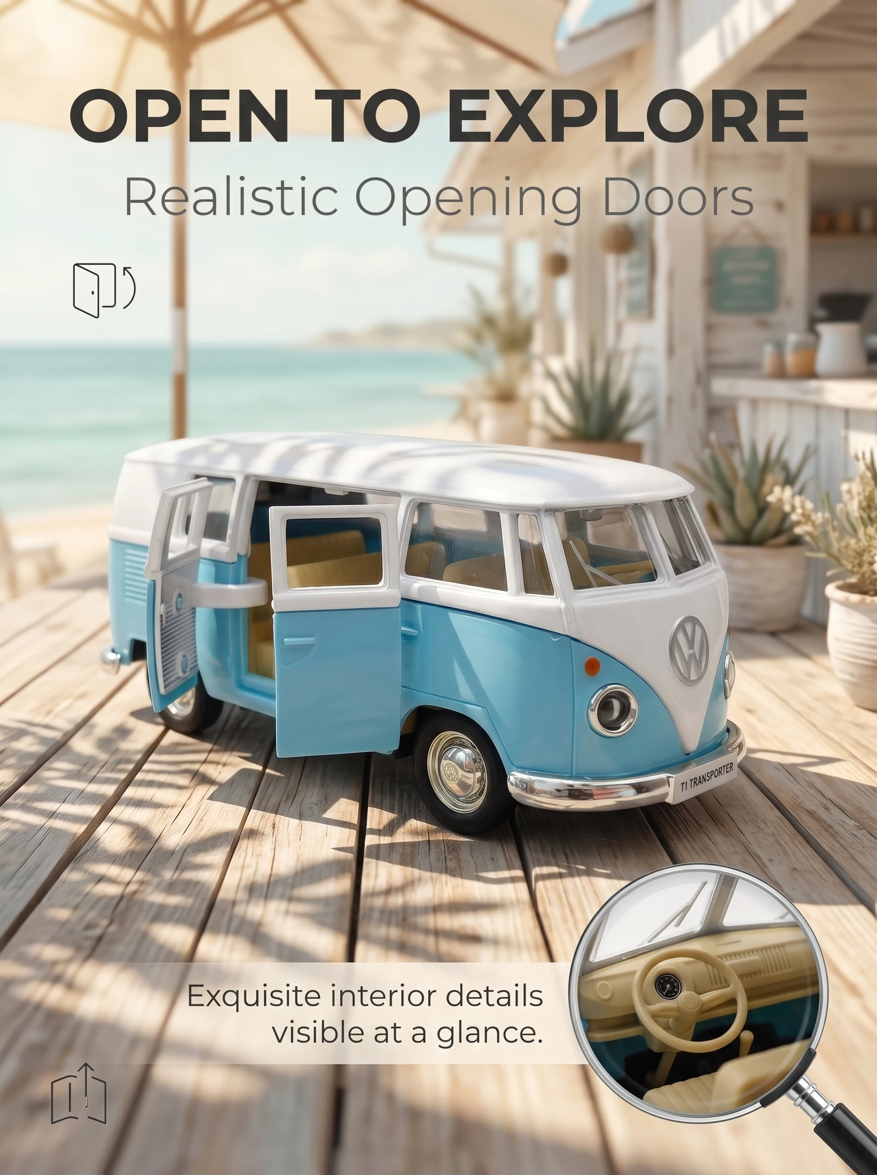 RMZ 1:36 Scale Metal Model Volkswagen Sen Bus – Metal Body, Opening Left and Right Doors; Classic Minibus Model