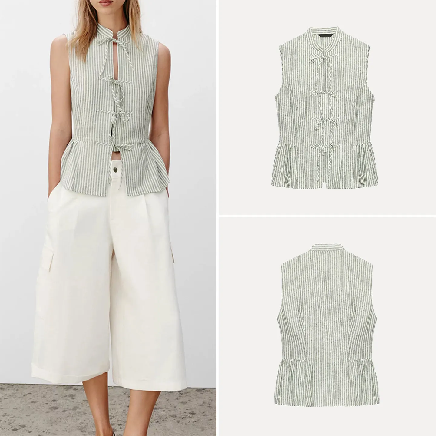 

Fashionable Knot Decorated Metal Color Line Pattern Women's Top Casual Style Summer New Arrival Shirt without Sleeves