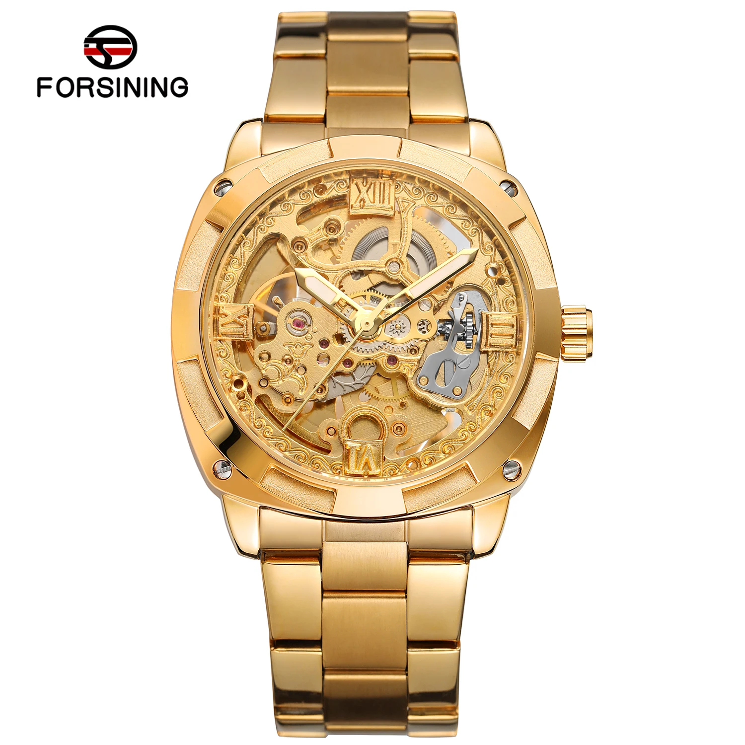 

FORSINING ретро мужские автоматические механические часы со скелетом, полые светящиеся часы из нержавеющей стали, роскошные деловые наручные часы