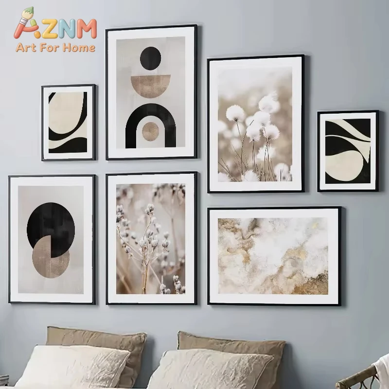 1PC ，Wall Art Beige White Flower Vintage Abstract Geometry Print Living Room Home Decoration Poster Canvas Painting Wall