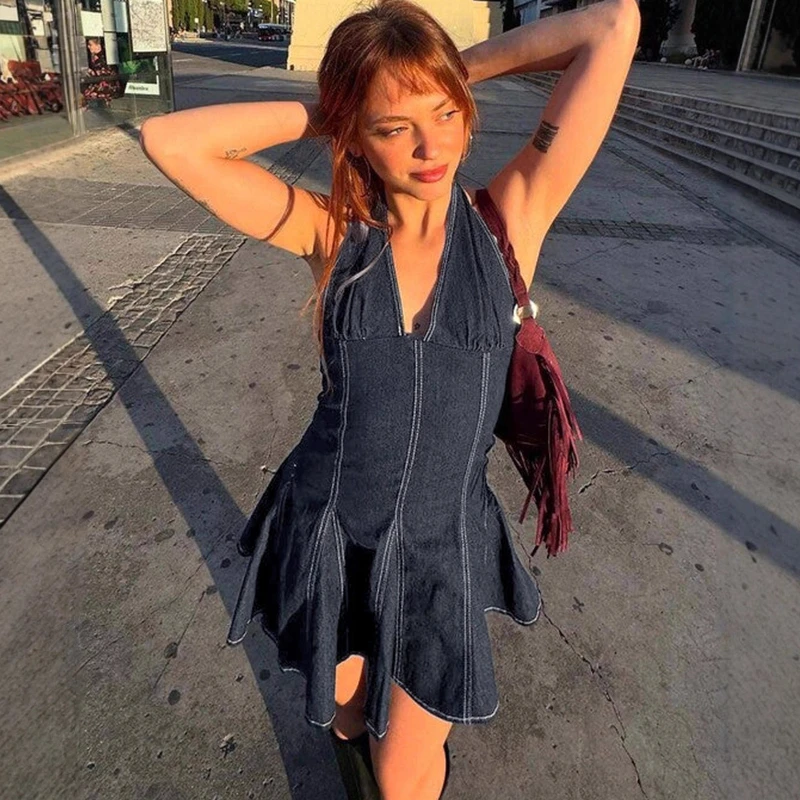 TARUXY Fashion Denim Pleated Halter Dress Women's Sleeveless Spliced Plunge Backless Mini Dress Sexy Slim Summer Party Clubwear - Image 5
