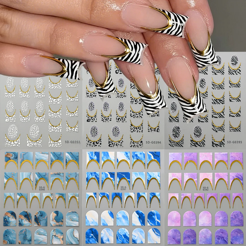 

1pc 5D Embossed Gold Trim French Nail Sticker Leopard Print & Marble Pattern Adhesive Nail Sliders Glossy DIY Manicure Accessory