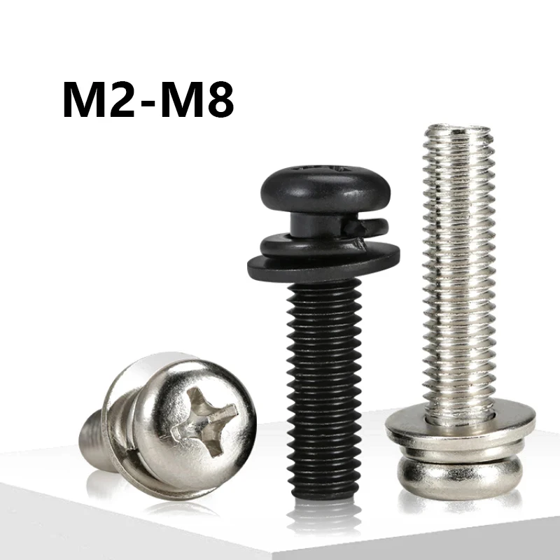 2~50Pcs Carbon Steel Round Head Phillips Pan Head Screws M2 M2.5 M4 M5 M6 M8 D Cross Head Washer Spring Gasket Bolt Combination