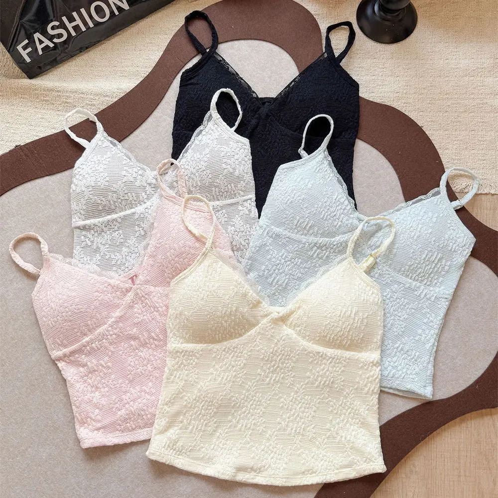 Summer New Sexy Lace V-neck Strap Vest Women Slimming Fixed Band Chest Pad Versatile Short Elastic Patchwork Pure Color