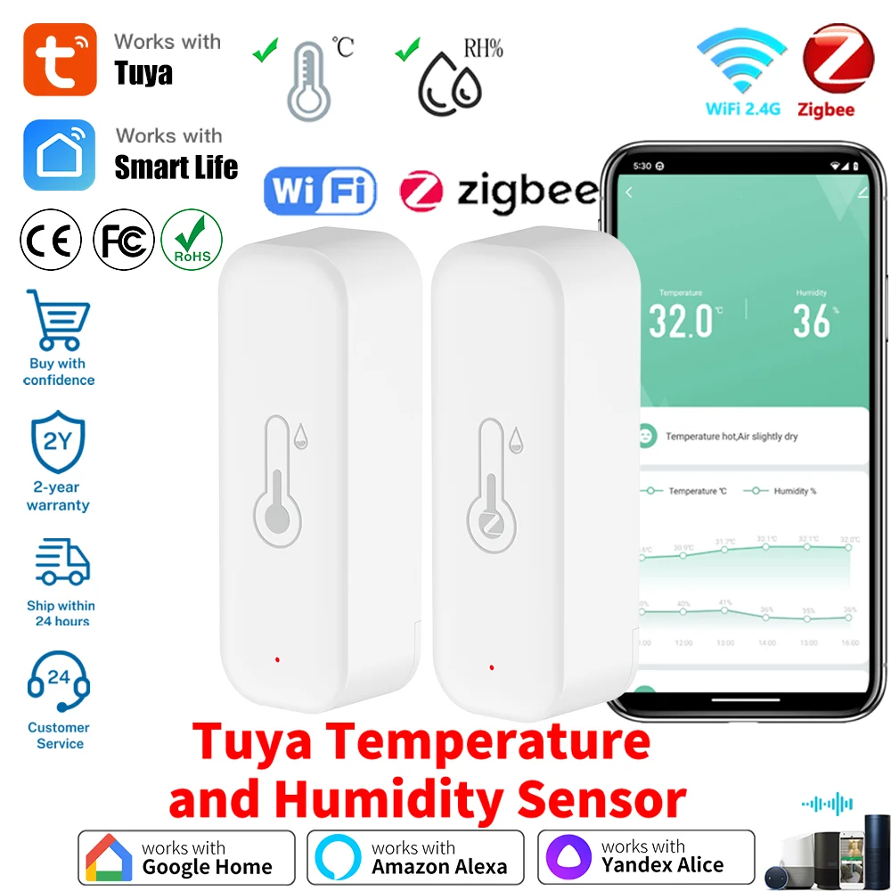 Tuya WiFi أو Zigbee مستشعر درجة الحرارة والرطوبة، مقياس حرارة ذكي، تطبيق Smart Life، مراقبة عن بعد، يعمل مع Alexa Google Home