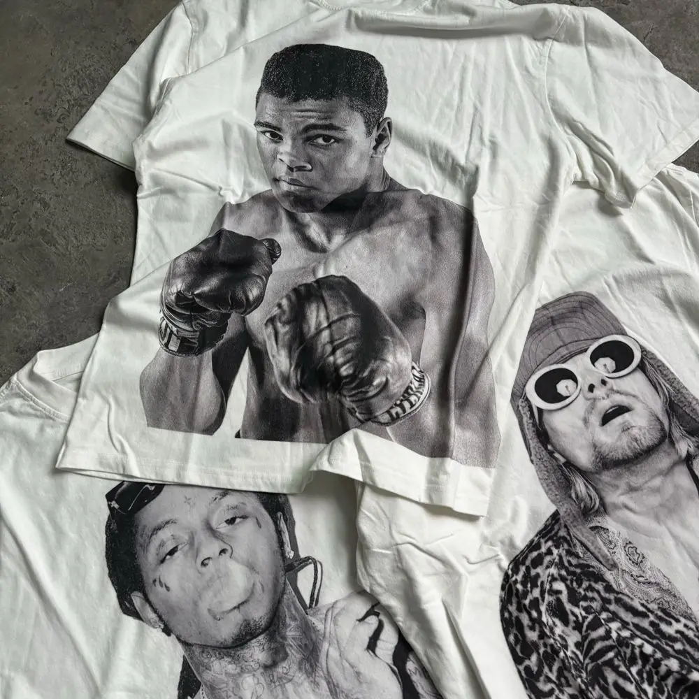 Film Amerika Kaus Lengan Pendek Jalanan Tinggi Gaya Hip-Hop Jalanan Karakter Cetak Katun Murni Pria dan Wanita Musim Panas Murni