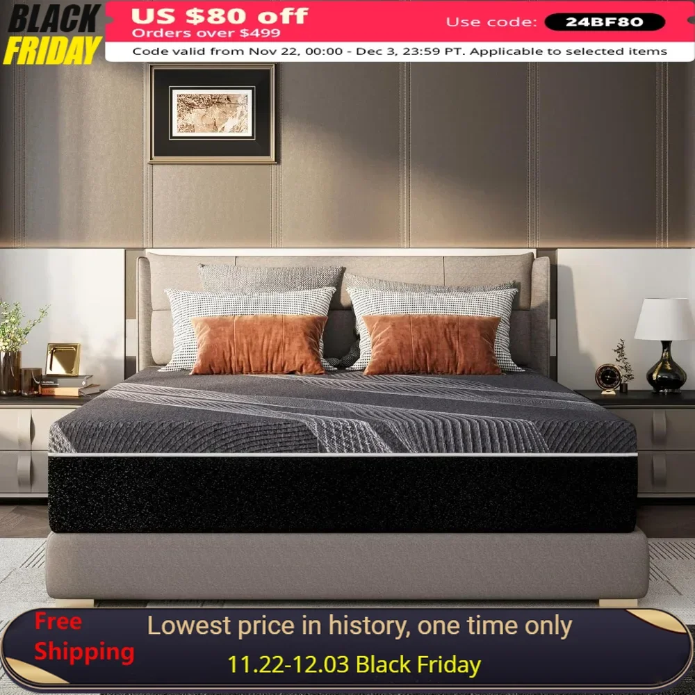 King Mattress, Charcoal Memory Foam Mattresses in A Box, CertiPUR-US Certified, Fiberglass Free, 12 Inch Medium Mattress