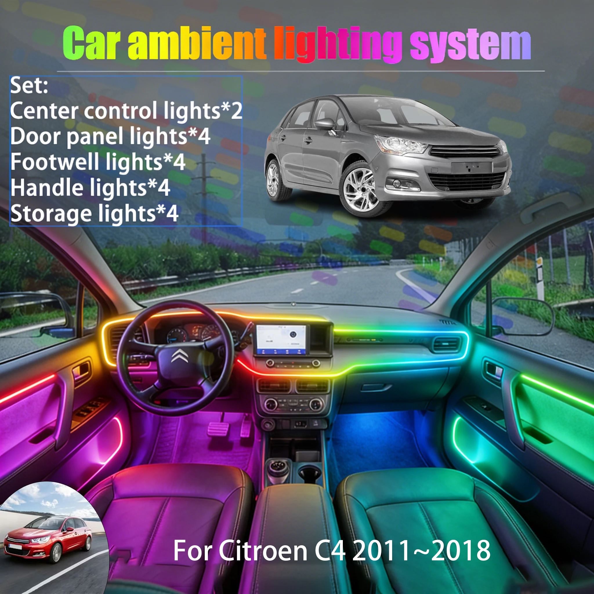 

Для Citroën C4 2011~2018 B7 MK2 2/18: Комплект светодиодной подсветки салона и багажника (2 в 1), USB RGB, с эффектом бегущих огней, автозапчасть