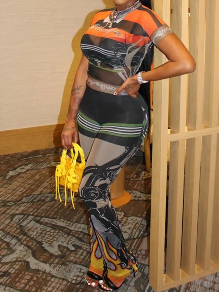 

Женский комплект сексуальных брюк, весенний окрашенный прозрачный сетчатый топ с круглым вырезом и короткими рукавами, расклешенные брюки с высокой талией, комплекты из двух предметов