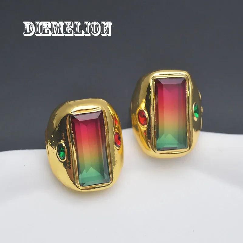 Luxury Quality Rainbow Crystal Big Ring for Men 24K Gold Plated Resizable Fashion Women Engagement Wedding Rings Accessories