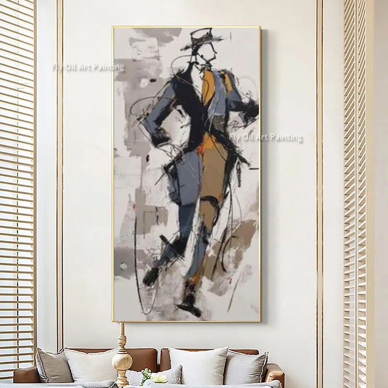 Popular Hand Painted Grey Black Abstract Elegance Women And Gentleman Portrait Oil Painting On Canvas Large Set Of Two Wall Deco