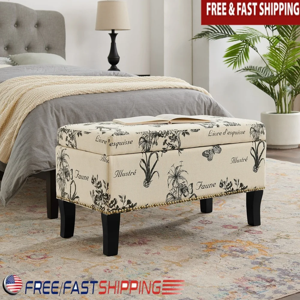 

Botanical Linen Ottoman with Storage Plush Top Safety Hinge Ideal Bedroom Entryway Hallway Solid Wood Construction