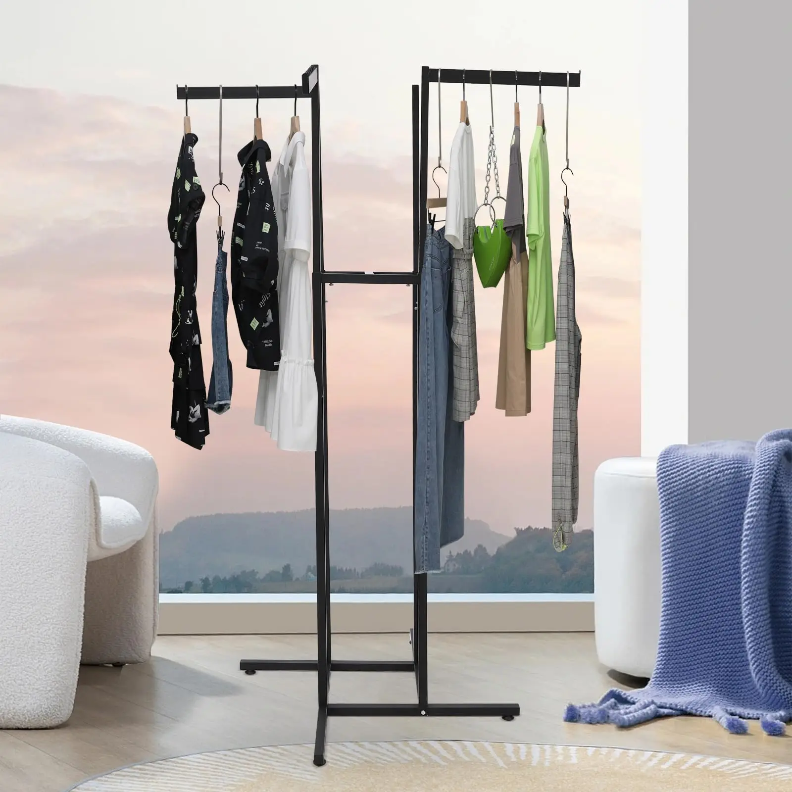 Rack de exibição de roupas, rack de roupas ajustável de 4 vias, prateleiras de roupas de chão com 2 braços retos e 2 braços inclinados para