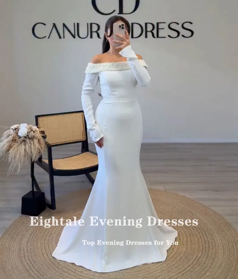 Robe de soirée arabe de quatre-quarts, personnalisée, perlée avec perles, manches longues, en Satin extensible, sirène, robes de bal de mariage