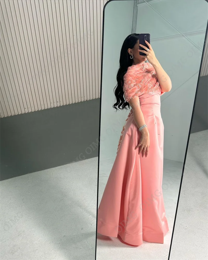 OIMG Luxury Pink Short Sleeves Elegant Green A Line Satin Evening Dress 2024 Lace Appliques Prom Formal Party Satin Gowns Custom