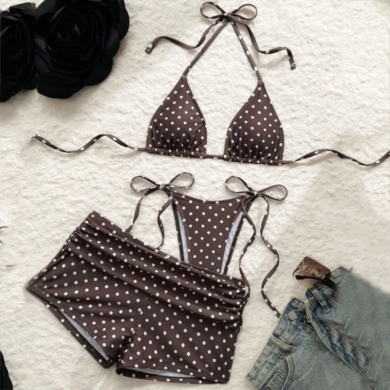 2026 Beach Holiday Hanging Neck Polka Dot Pattern Three-piece Y2K Sexy Backless Spice Girl Sling Triangle Cup Ladies Bikini Suit