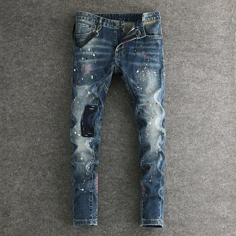 

Street fashion men's jeans stretch slim fit painted ripple jeans men's patchwork designer hip-hop retro denim retro blue pants h