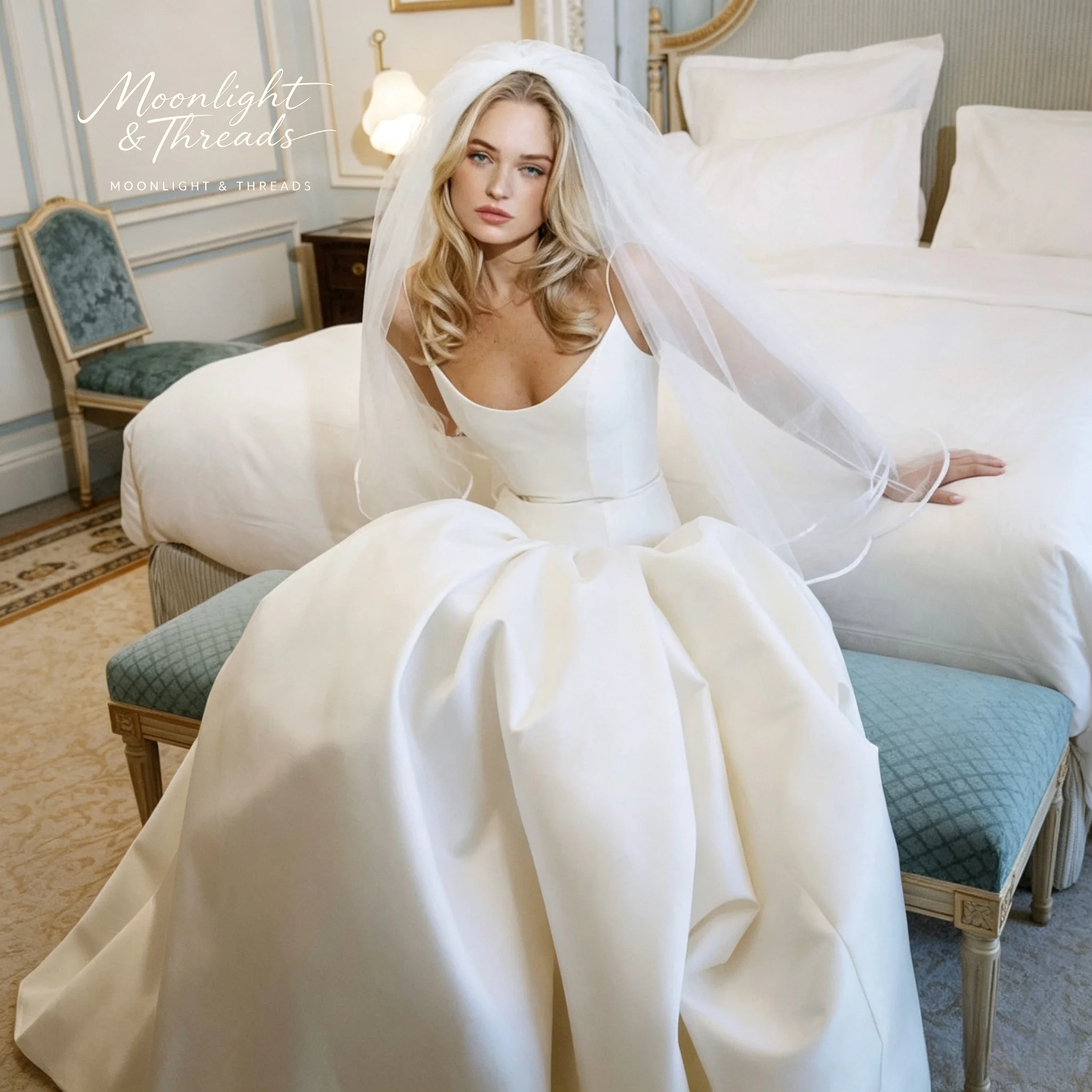 Minimalist Thin Strap V Neck Bridal Wedding Gown Smooth Matte Satin Fitted Bodice Full A Line Skirt