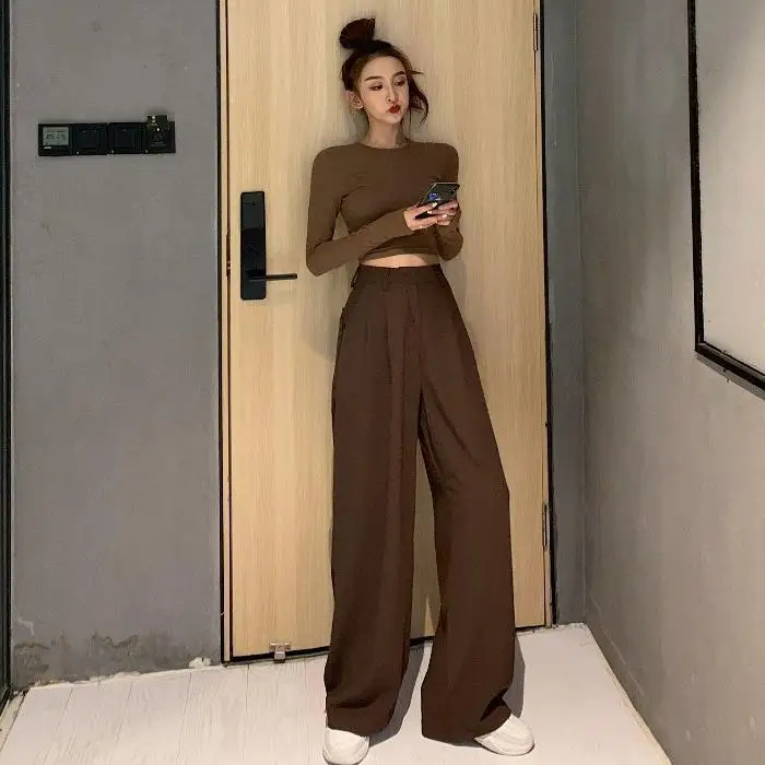 2023 Retro Solid Color Wild Straight Wide Leg Pants Female Spring New Korean Fashion High Waist Casual Long Pants