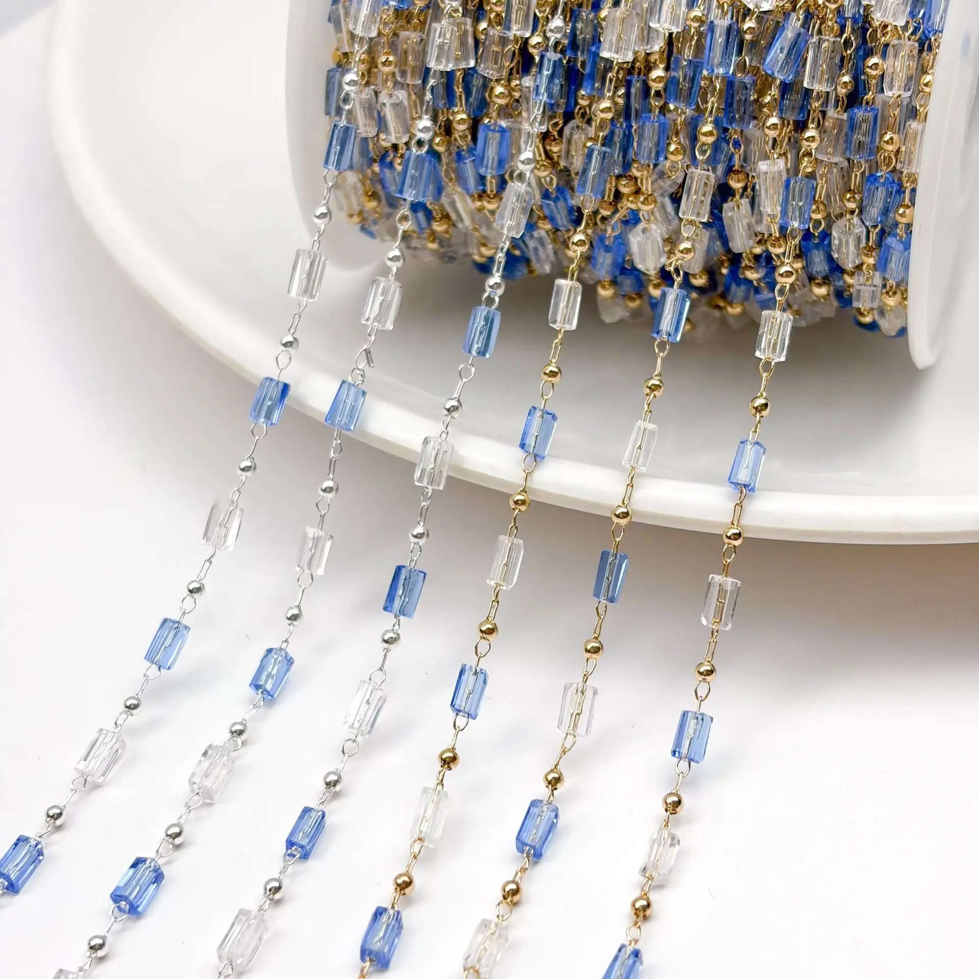 0,5 Meter/1 Meter Blaue Kristallrohr-Messingkette für Schmuckherstellung, Quastenketten in Großpackung für DIY-Halsketten, Armbänder, Choker und Stoffketten – Detail 5