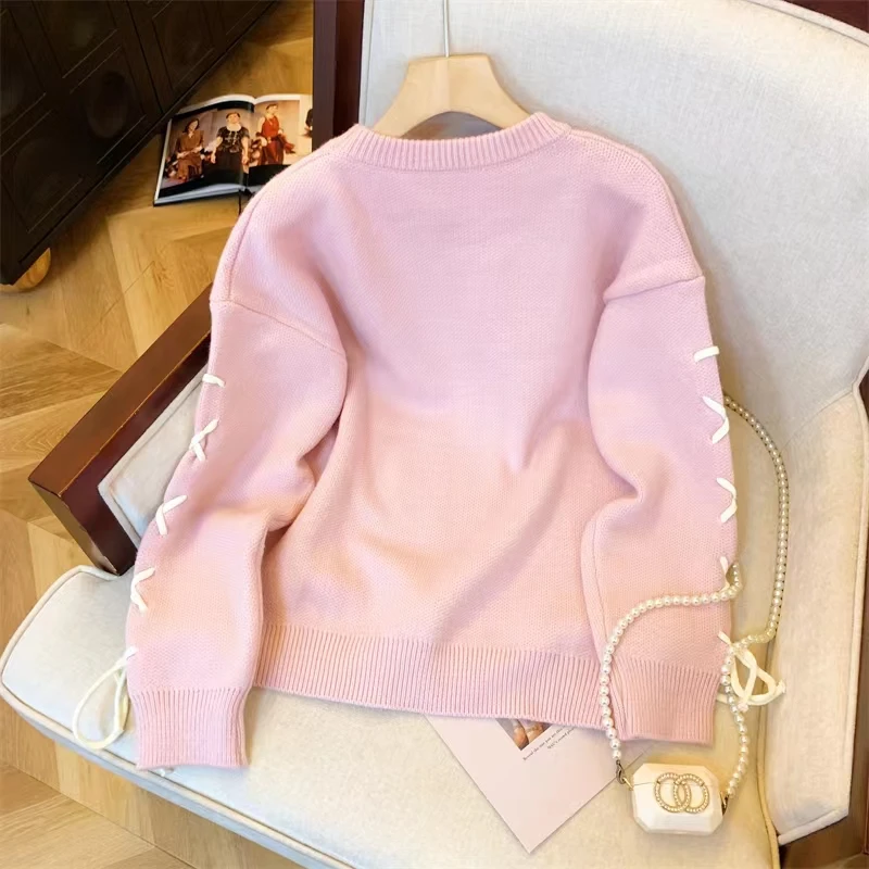 Women's Pink Bow Bear Sweater Autumn/Winter O-Neck Long Sleeve Fashion Cute 90s Korean Vintage Y2K 2000s Academy 2024 Clothing