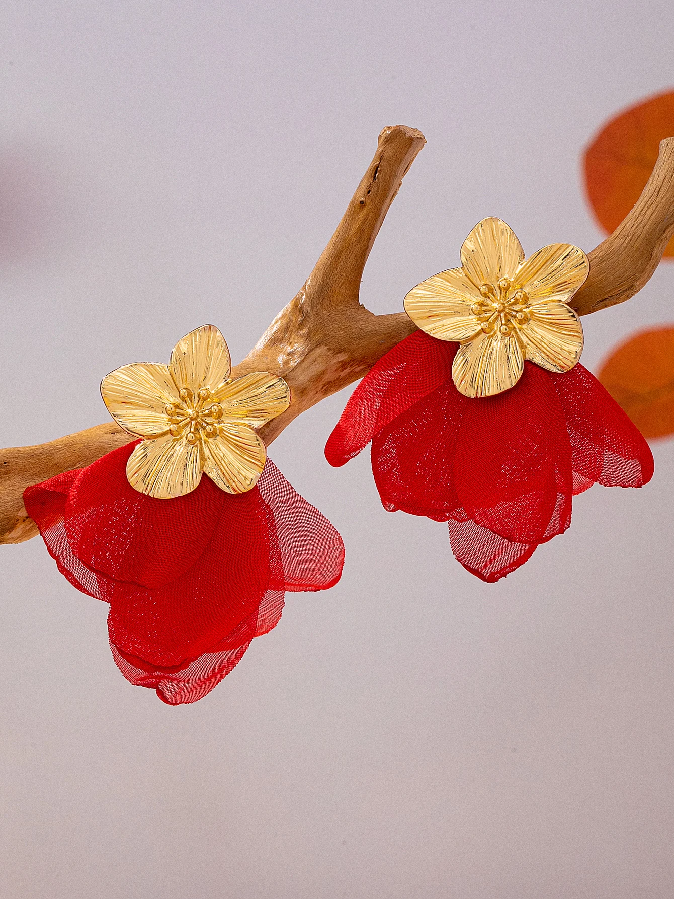 Gold Metal Flower Red Chiffon Petal Dangle Earrings for Women, Large Fabric Flower Earrings, Exaggerated Bridal Earrings for Weddings and Banquets