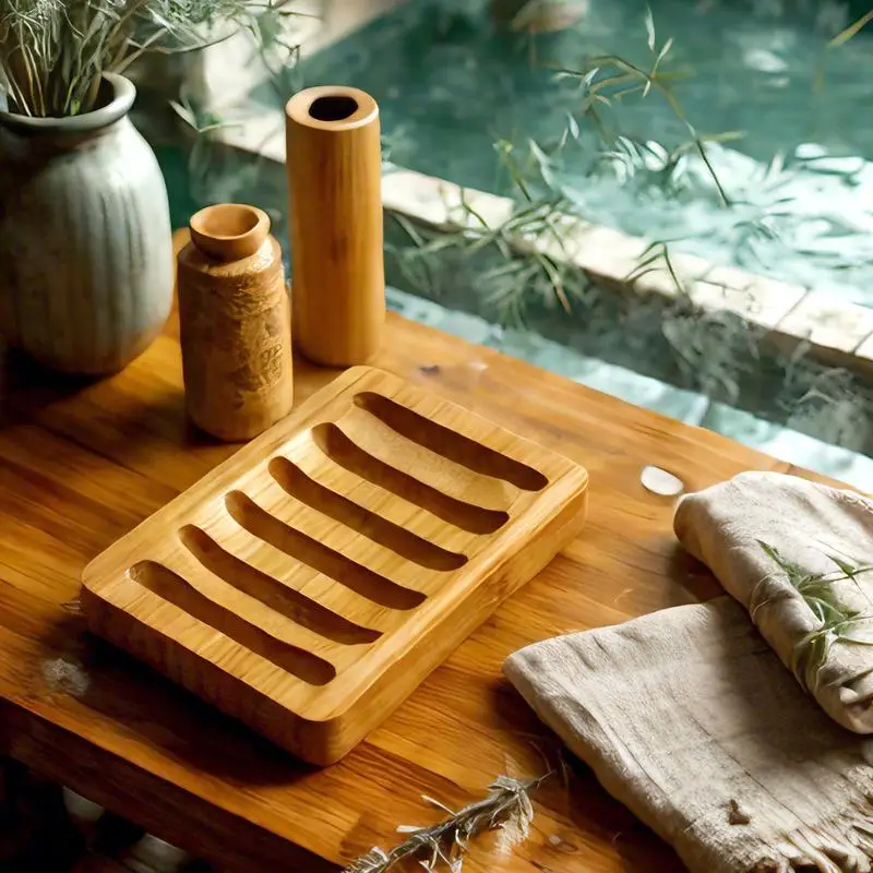 Natural Bamboo Soap Dish 1Pcs Self Draining Grooves Durable For Shower Sink Bathroom Kitchen Use view 5